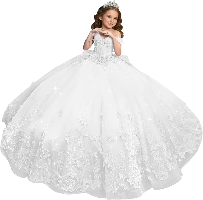 White / 18m Sunnypetal Sweetheart Neck 3D Butterfly Tulle Flower Girl Dress with Big Bow
