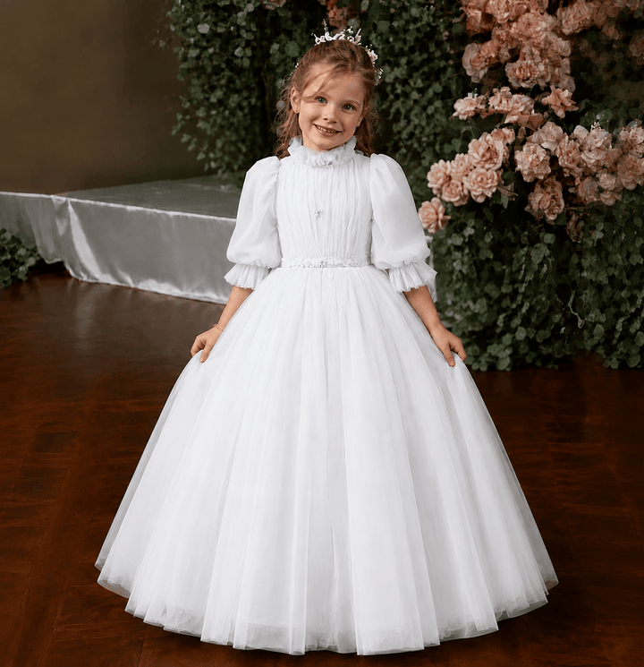 White / 3m Dunnypetal Grey Blue Tulle High Neck Flower Girl Dress For Wedding Kids Birthday Party Gown
