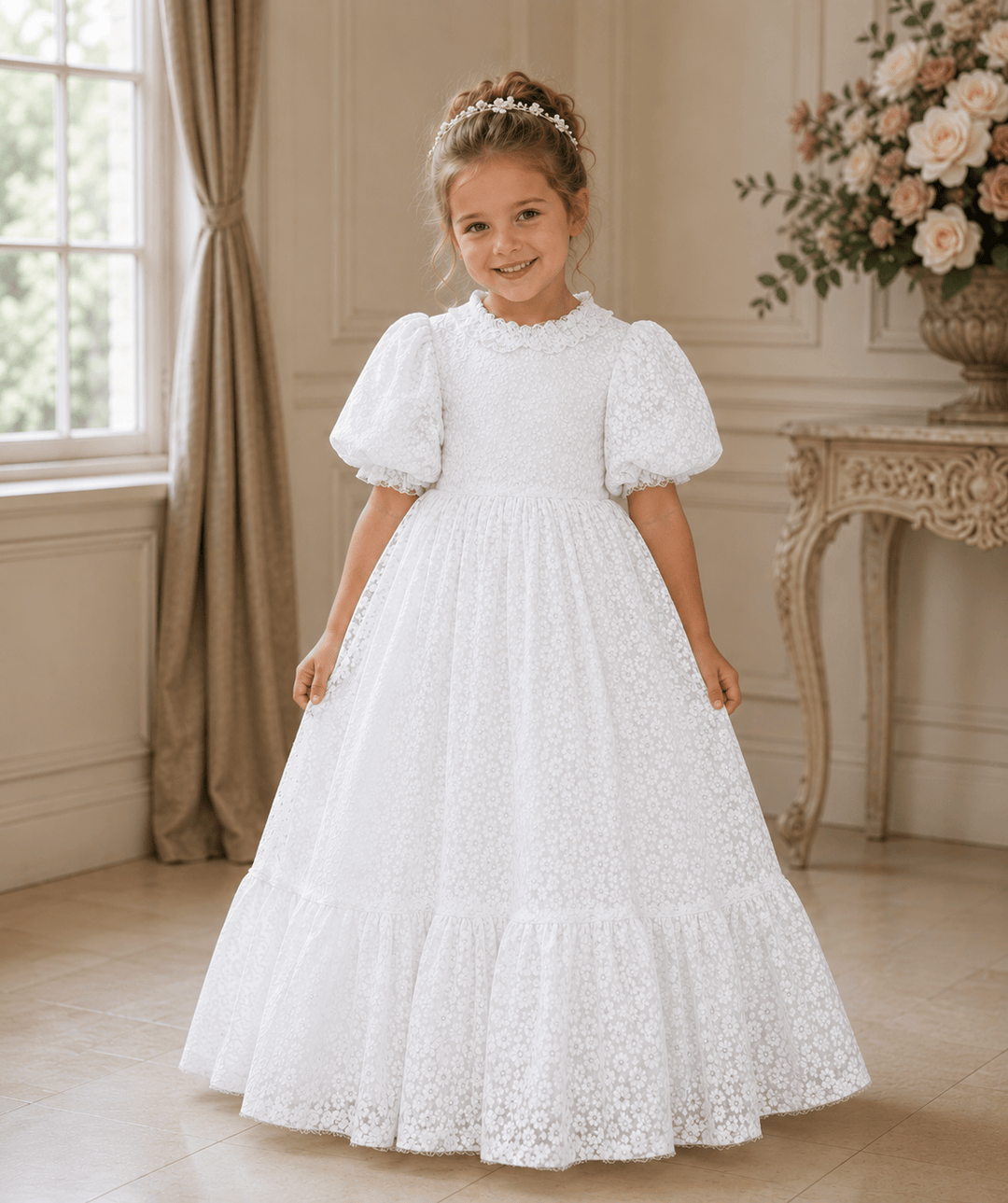 White / 3m Sunnypetal Customized Half Sleeve Floor-Length Wedding Party Princess Flower Girl Dresses