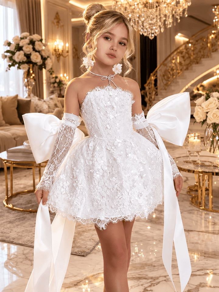 White / 3m Sunnypetal Dreamy Light Blue Lace Flower Girl Dress with Oversized Bows for Special Occasions