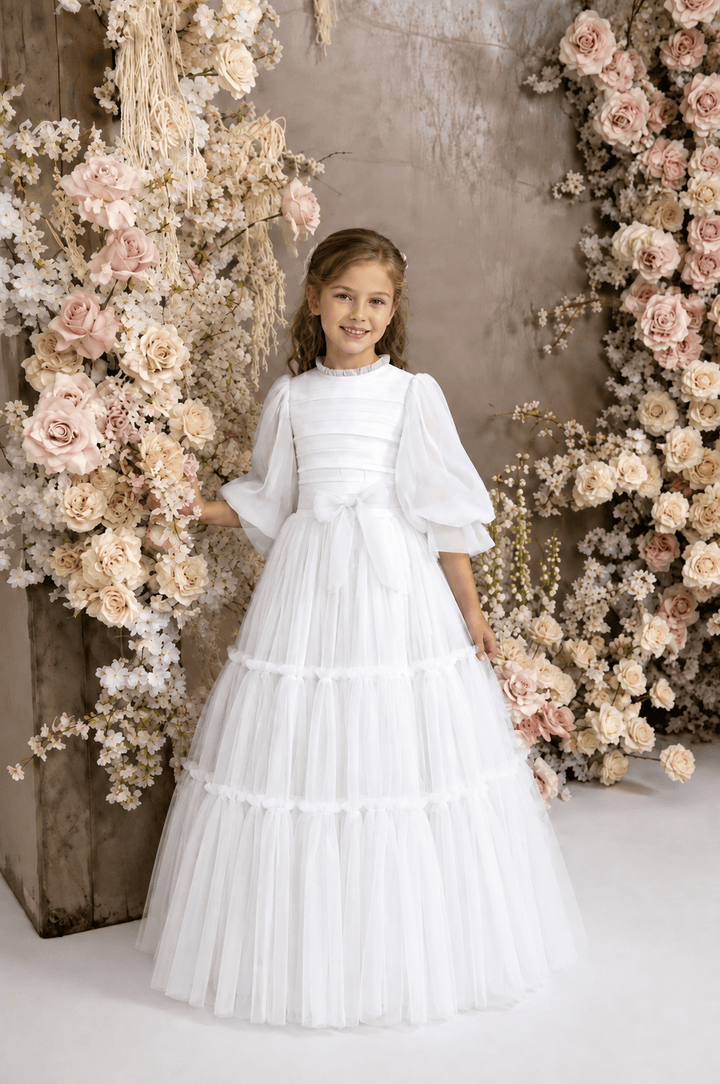 White / 3m Sunnypetal Elegant Ivory Tiered Tulle First Communion Dress for Girls with Bow Waist