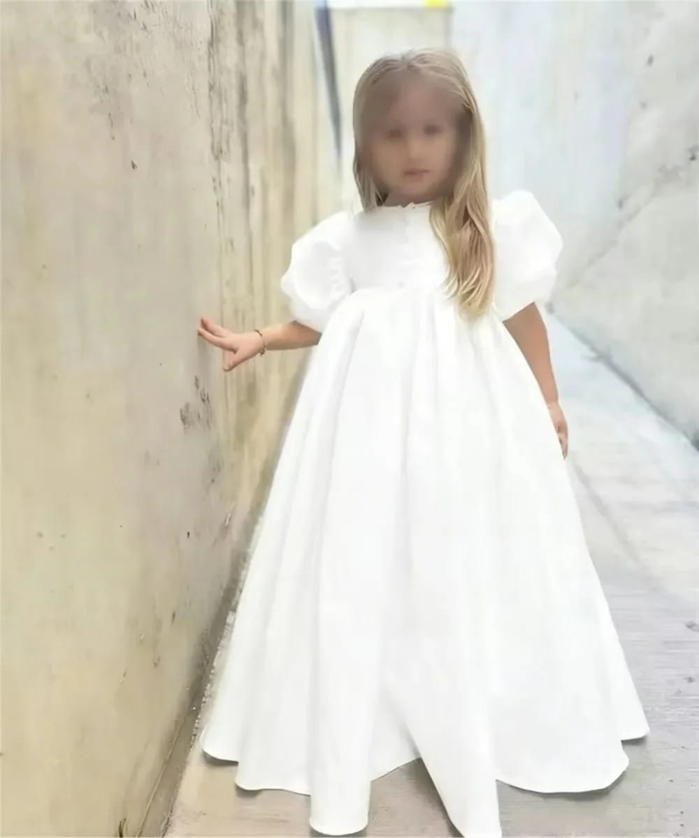 White / 3m Sunnypetal Elegant Puffy Sleeve Satin Floor-Length Princess Flower Girl Dresses