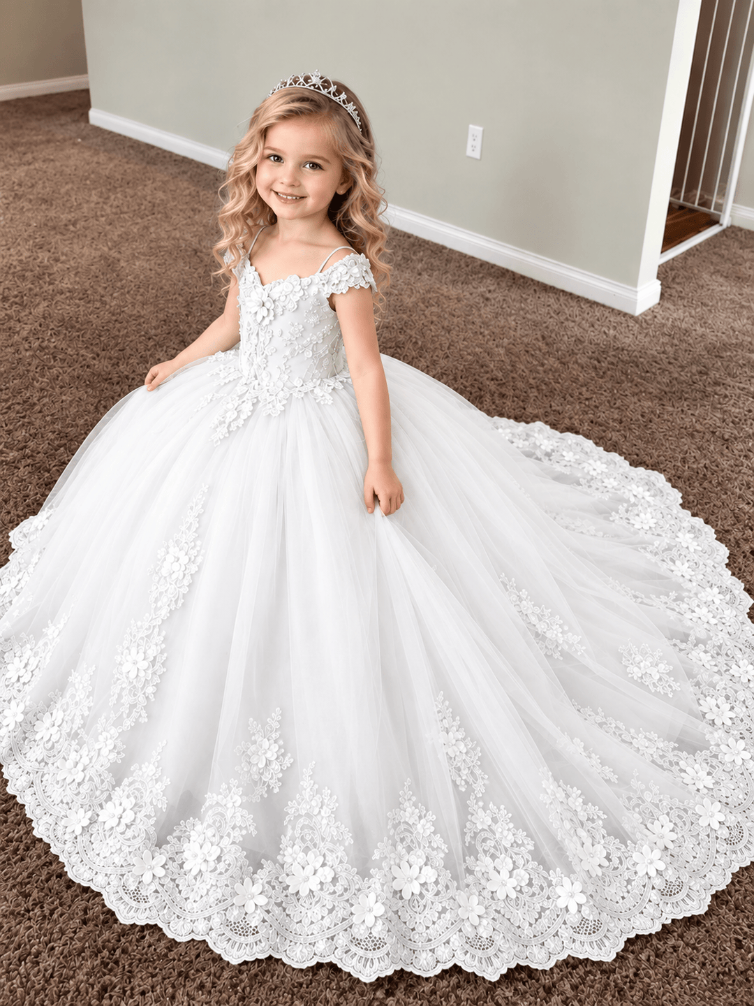White / 3m Sunnypetal Elegant Silver Lace Tulle Ball Gown Flower Girl Dress with Oversized Bow