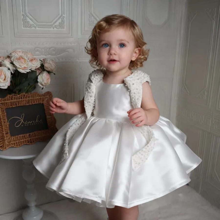 White / 3m Sunnypetal Elegant White Pearl-Embellished Satin Flower Girl Dress for Weddings &amp; Baptisms