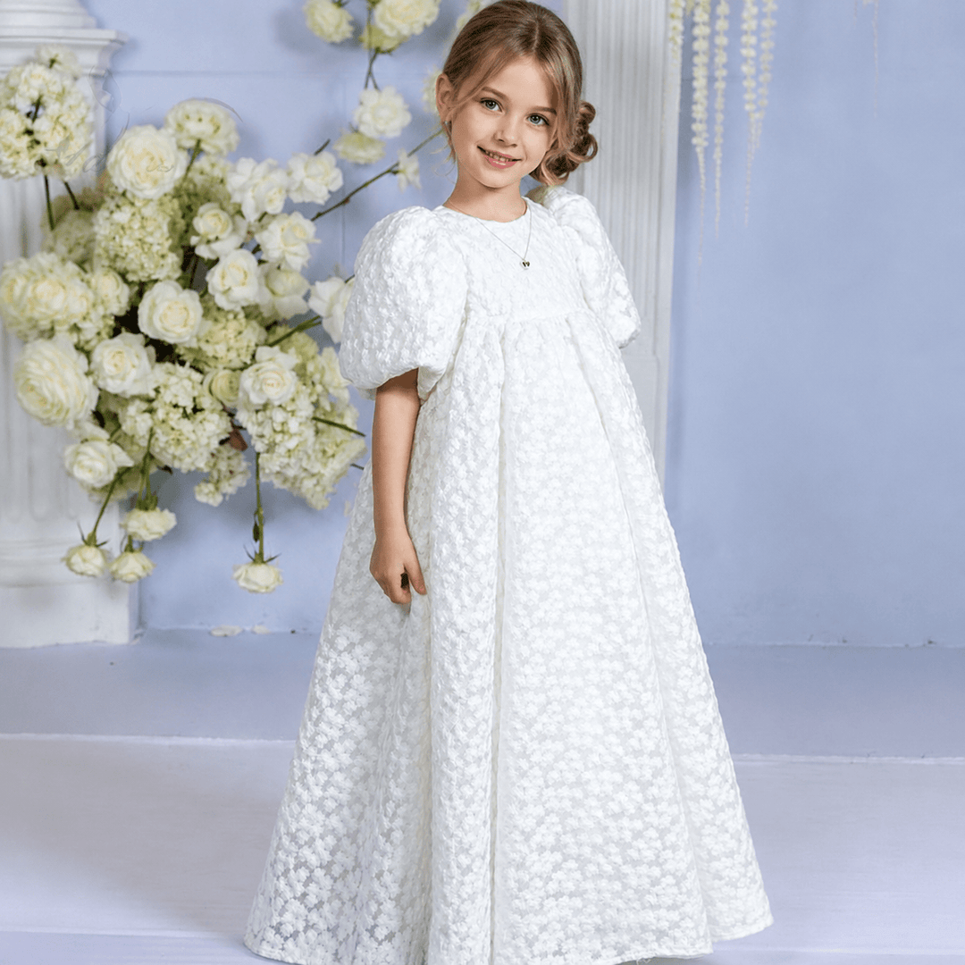White / 3m Sunnypetal Embroidery Hollow Out Lace Flower Girl Dresses Puff sleeves High Waisted Toddler Gowns