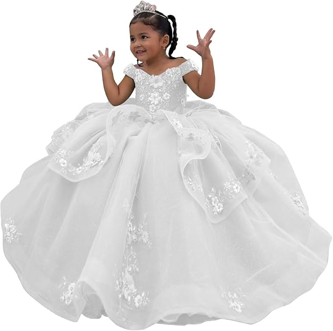 White / 3m Sunnypetal Enchanted Sage Green Tulle Ball Gown Flower Girl Dress with Floral Appliqués