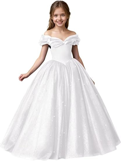 White / 3m Sunnypetal Exquisite Off-Shoulder Tulle Flower Girl Dress for Special Occasions