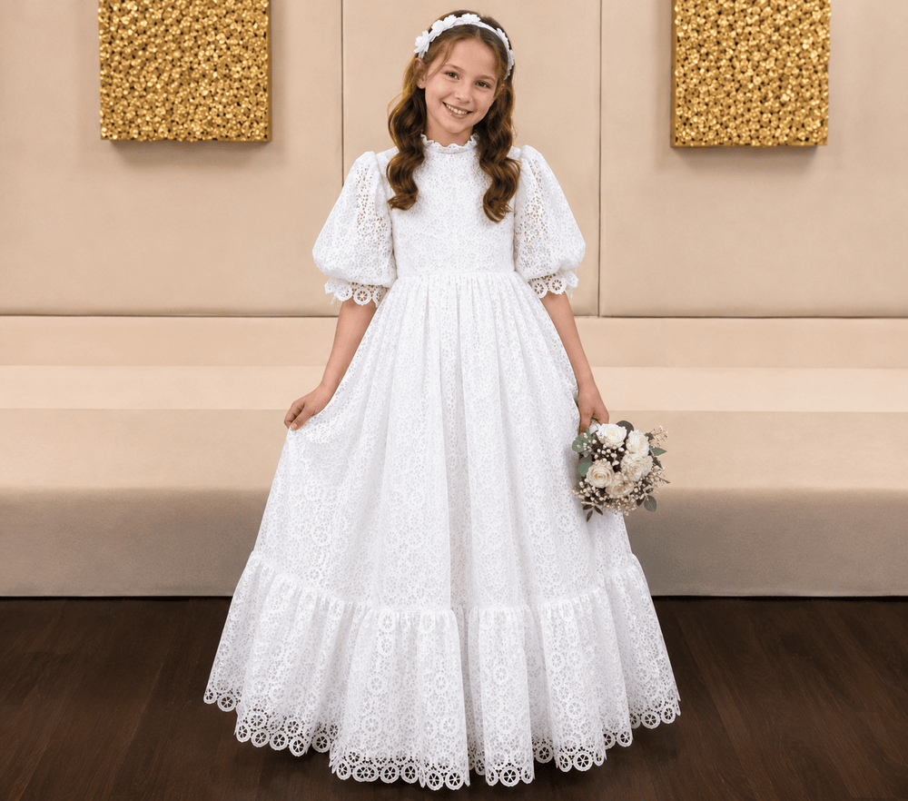 White / 3m Sunnypetal Flower Girl Dress Customized Puffy Sleeves Pricness Pageant Party Floor-Length Dresses