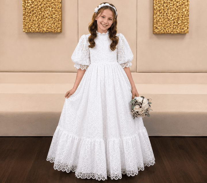 White / 3m Sunnypetal Flower Girl Dress Customized Puffy Sleeves Pricness Pageant Party Floor-Length Dresses