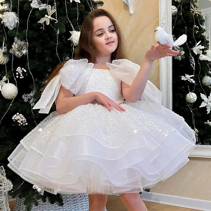 White / 3m Sunnypetal Glitter Sequin Tulle Knee-Length Flower Girl Dresses