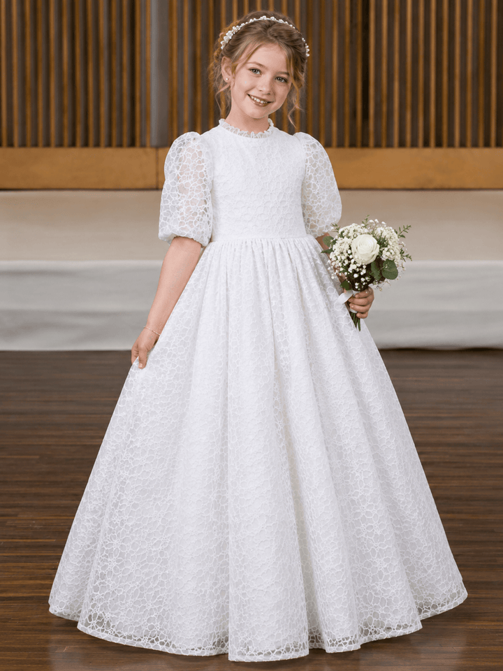 White / 3m Sunnypetal Little Daisy Lace Flower Girl Dress Puffy Balloon Sleeve High Neck Party Dress
