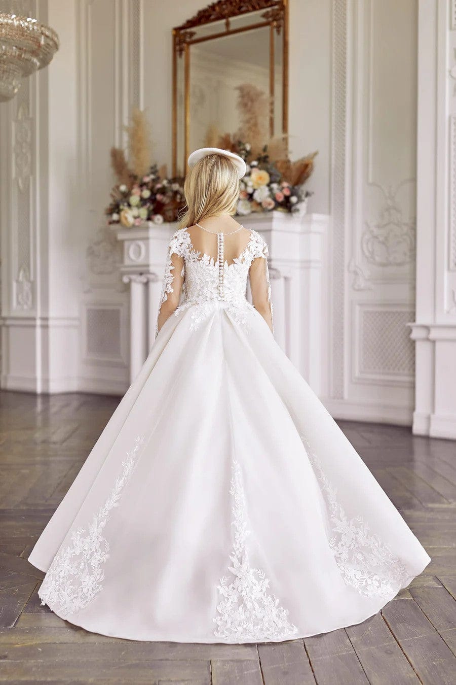 White / 3m Sunnypetal Luxurious Ivory Long Sleeves Floral Lace Appliqués Communion Dress for Girls