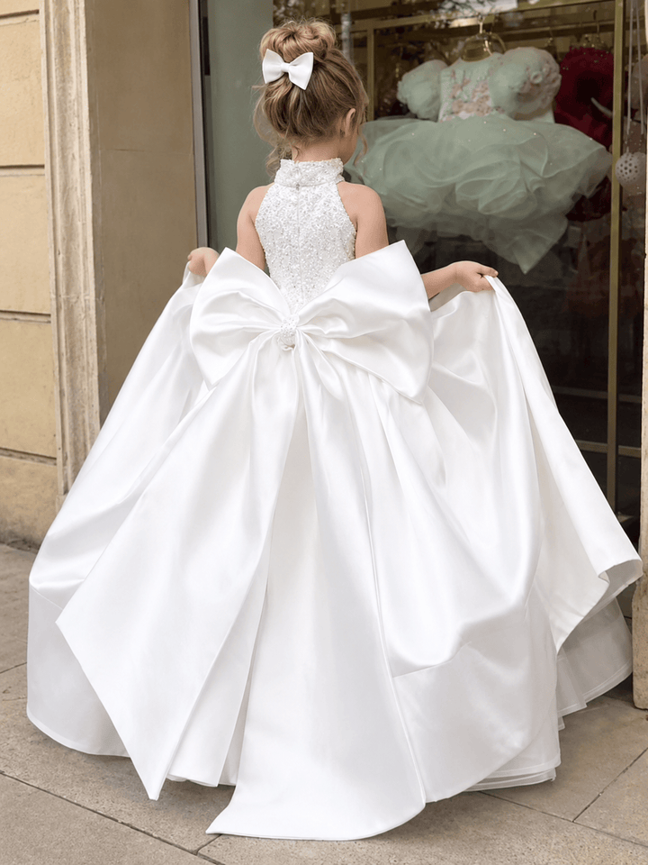 White / 3m Sunnypetal Luxury Ivory Satin Flower Girl Dress with Embellished Bodice &amp; Oversized Bow