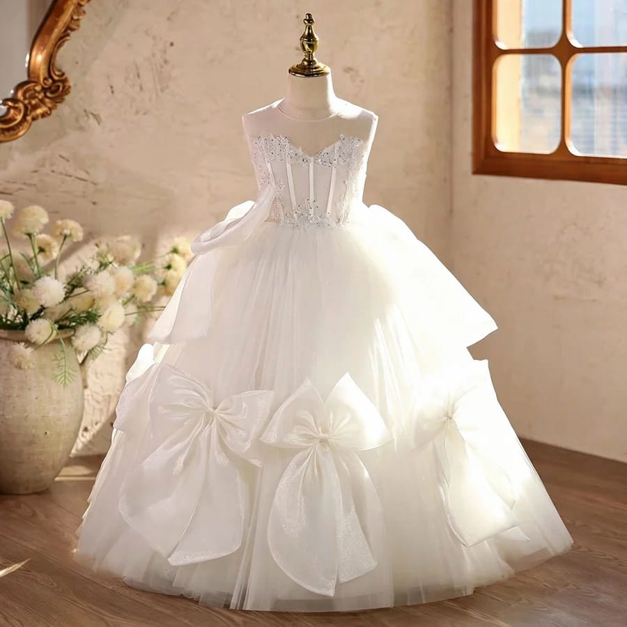 White / 3m Sunnypetal Luxury White Tulle Princess Flower Girl Dress with Beaded Applique & Elegant Bow