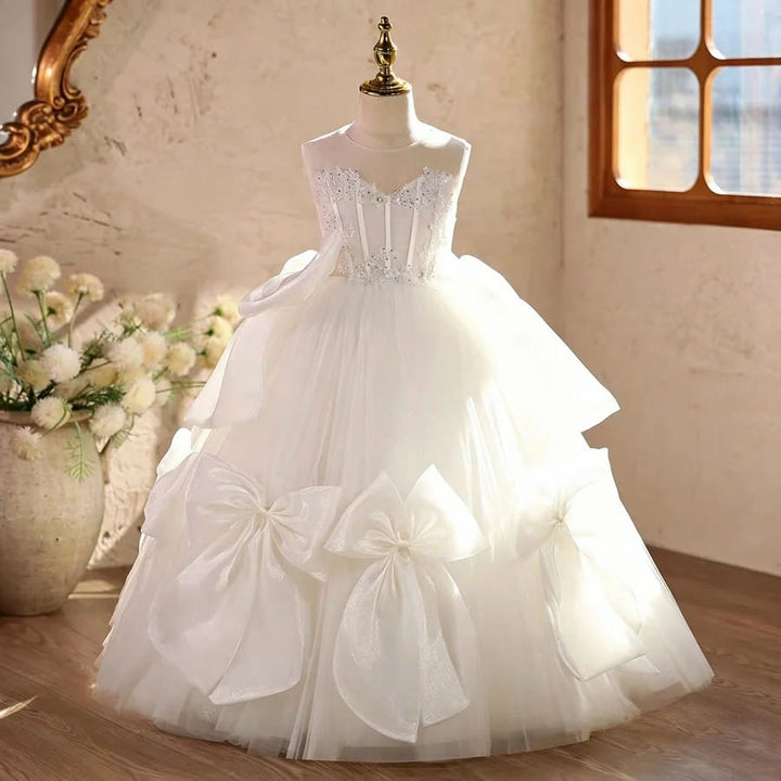 White / 3m Sunnypetal Luxury White Tulle Princess Flower Girl Dress with Beaded Applique &amp; Elegant Bow