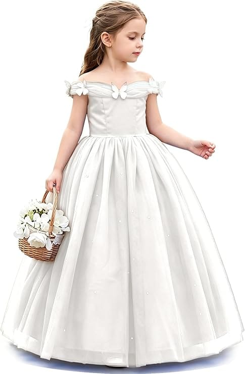White / 3m Sunnypetal Off-Shoulder Ankle-Length Tulle Princess Flower Girl Dress with 3D Butterfly