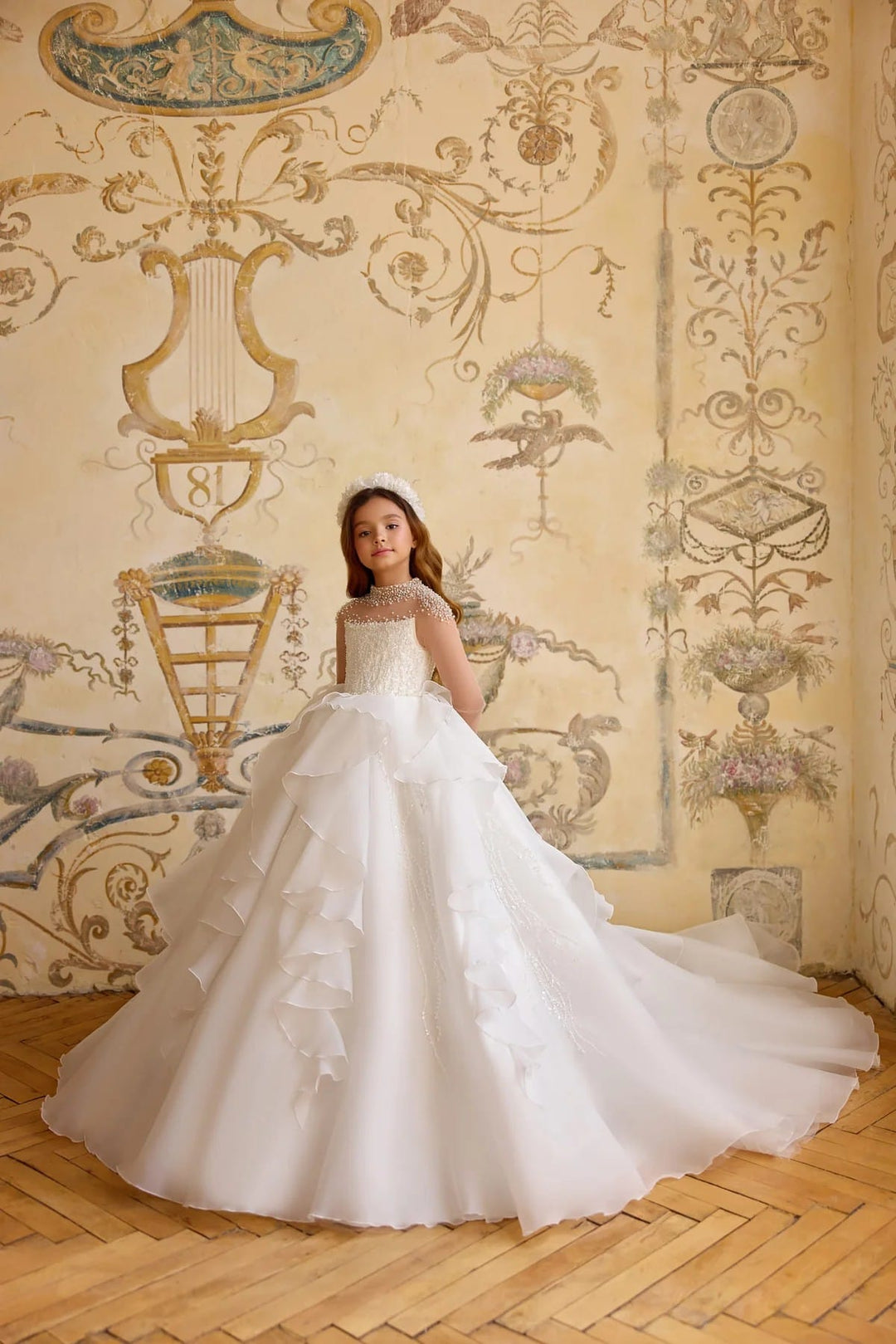 White / 3m Sunnypetal Pearl Cascade Princess Layered Tulle Flower Girl & First Communion Dress