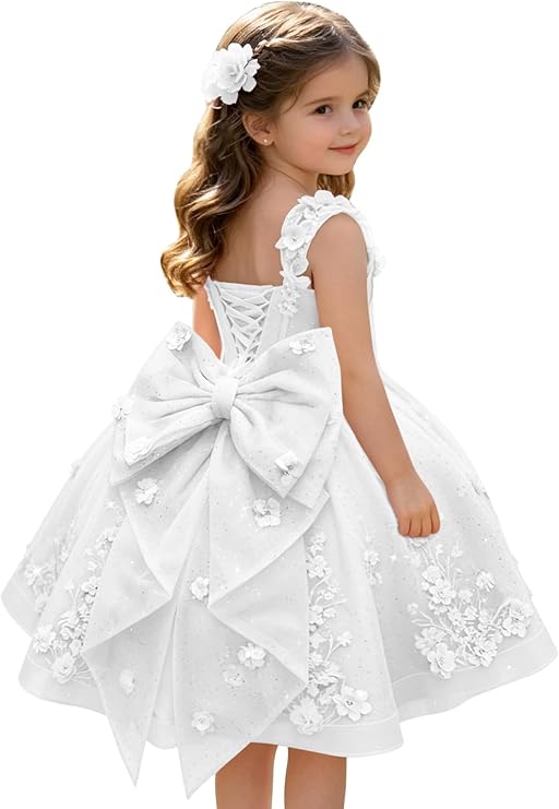 White / 3m Sunnypetal Sweetheart 3D Floral Lace Appliqué Short Flower Girl Dress witn Bow