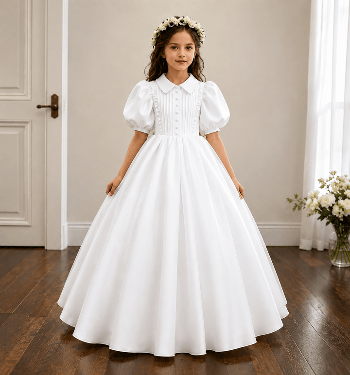 White / 3m Sunnypetal Vintage Ivory Puff Sleeve Princess Flower Girl Dress for First Communion