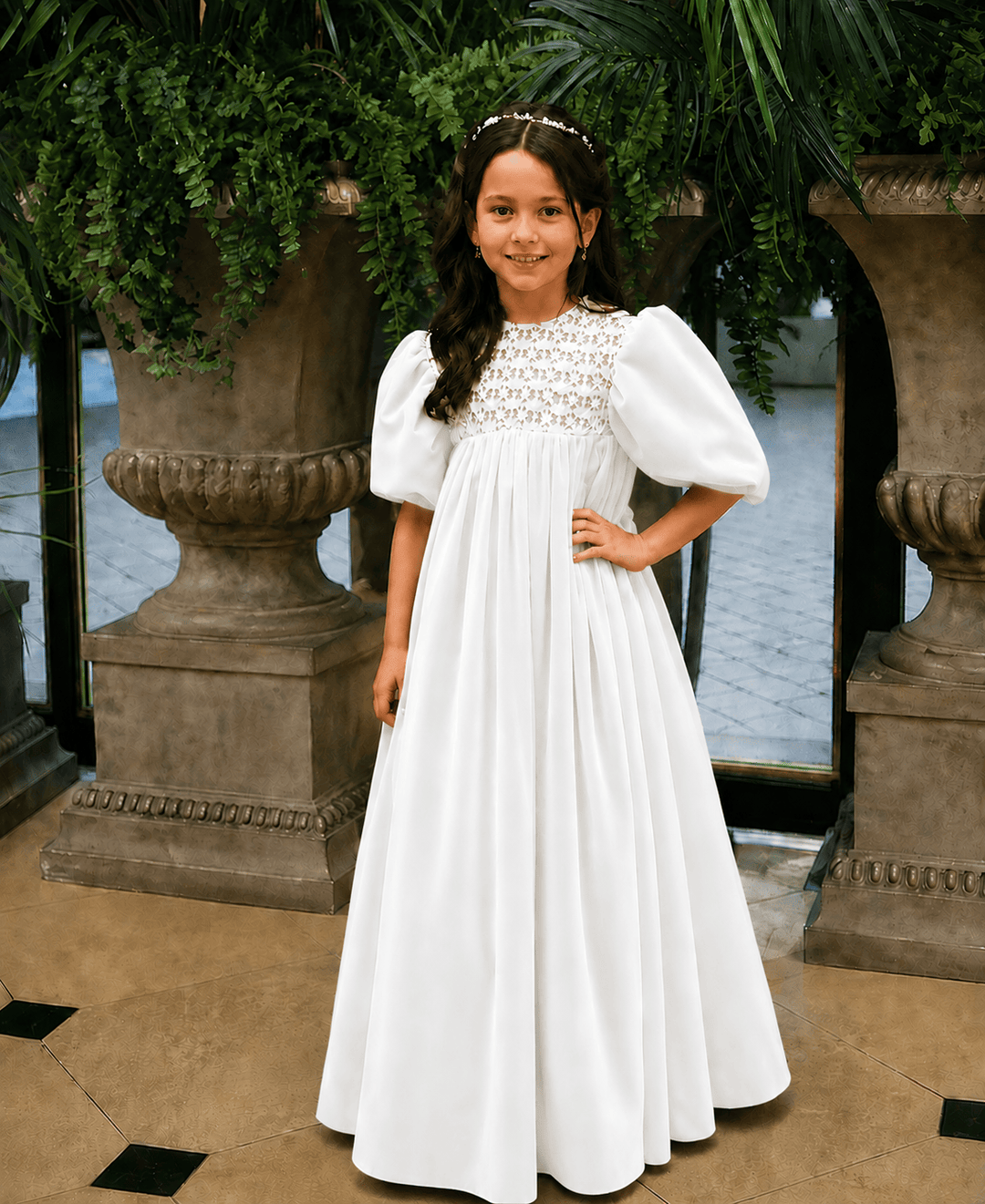 White / 3m Sunnypetal Vintage Velvet Lace Puff Sleeve Flower Girl Dress Long Princess Gown