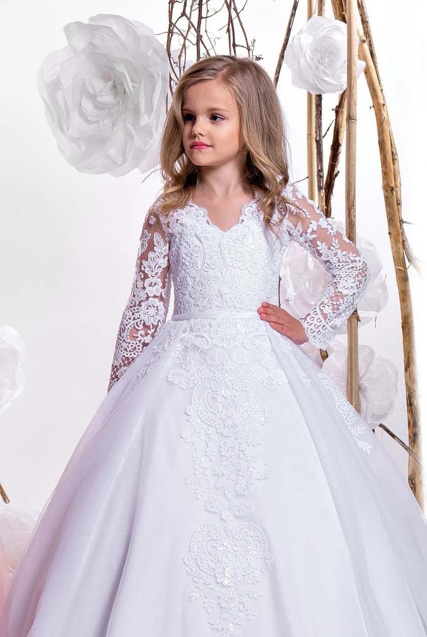 White / 3m Sunnypetal White Lace Long Sleeves Flower Girls Dress for Communions