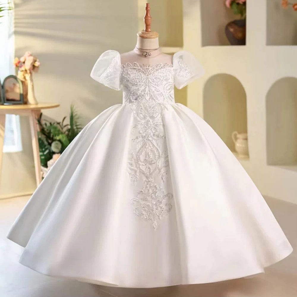 White / 3m Sunnypetal White Satin Ankle-Length Flower Girl Dresses with Beaded and Sequin