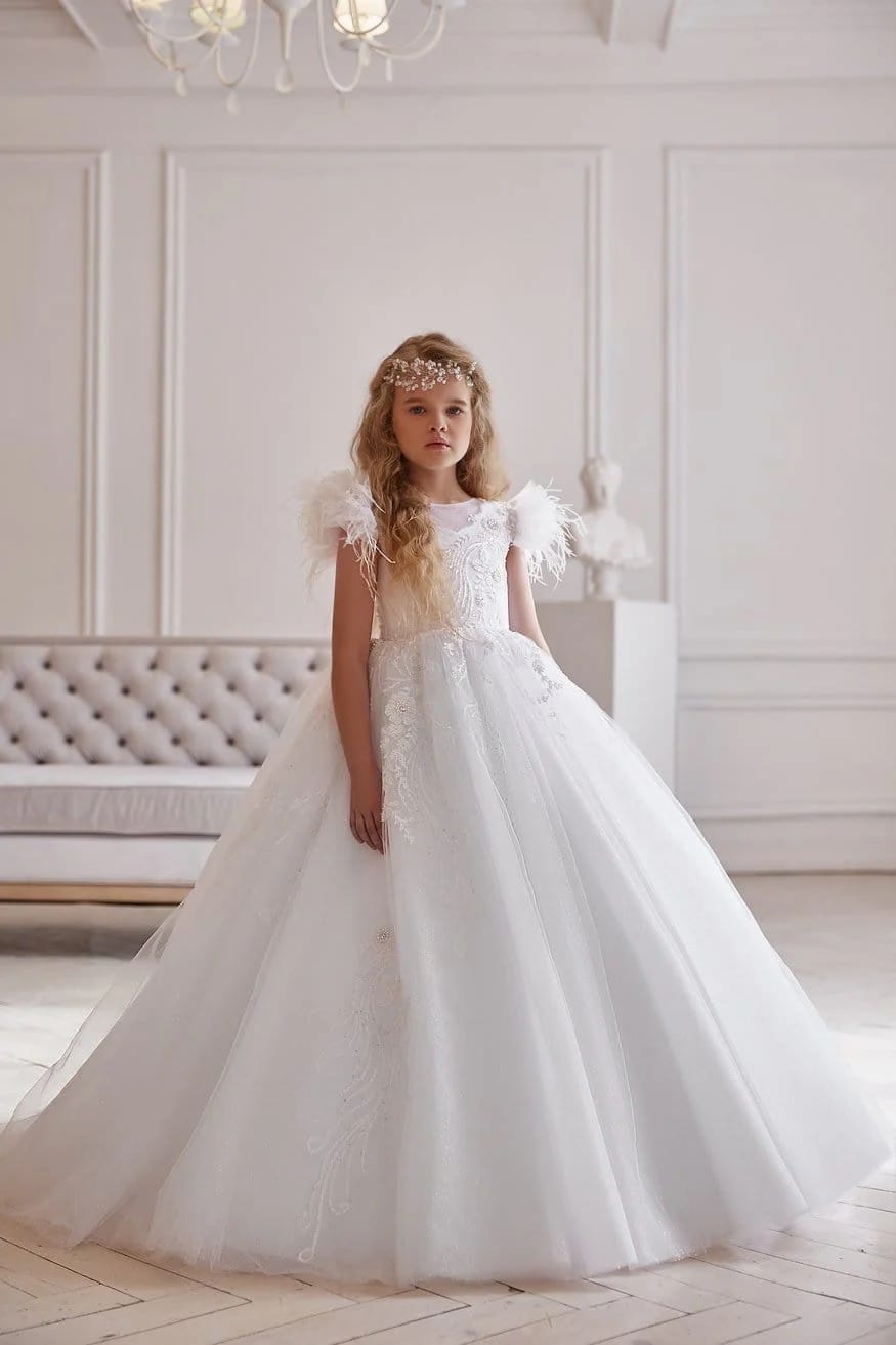 White / 3m Sunnypetal White Tulle Ball Gown Flower Girl Dress with Feathered Cap Sleeves