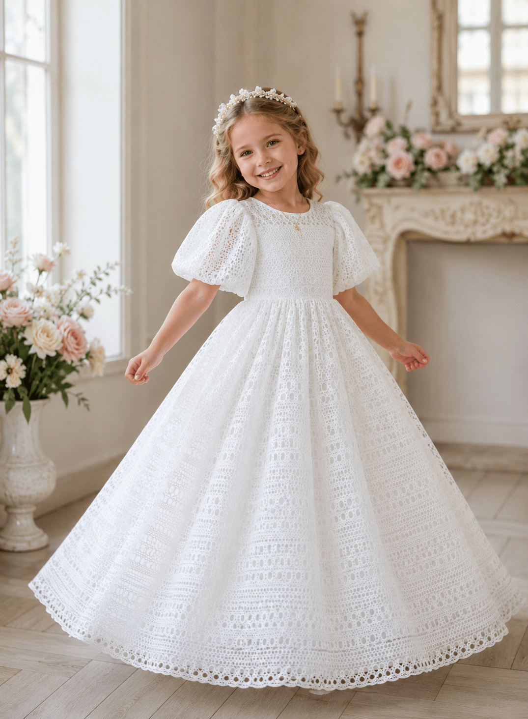 White / 6m Sunnypetal Embroidery Hollow Out Lace Flower Girl Dresses High Waisted Toddler Gowns