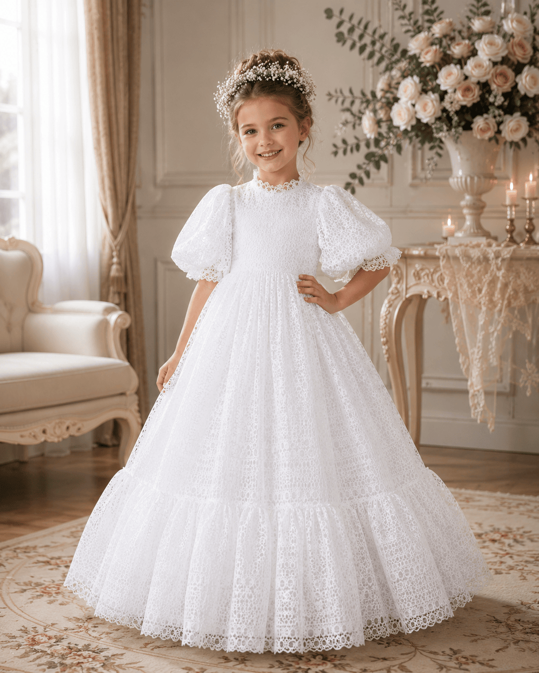 White / 6m Sunnypetal Flower Girl Dresses for Wedding Lace Puff Sleeve High Waisted Princess Dress