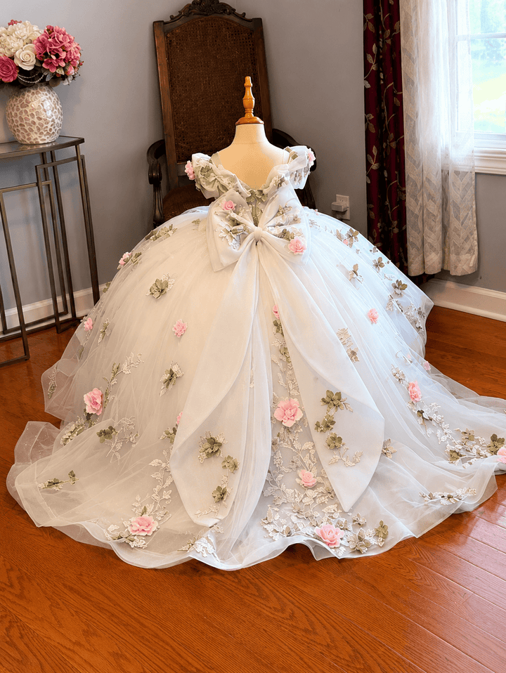 White / 9m Sunnypetal Exquisite Floral Appliqué Tulle Ball Gown Flower Girl Dress with Oversized Bow