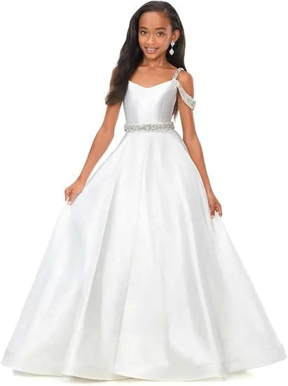 White / 9m Sunnypetal Luxury Off-Shoulder Satin Rhinestone Flower Girl Princess Gown