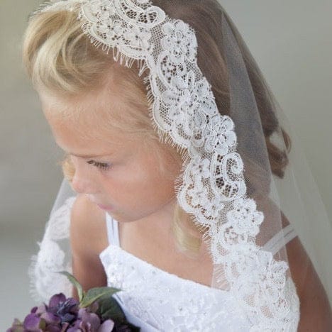 White Sunnypetal Elegant Lace First Holy Communion Veil for Girls – Flower Girl Church Veil