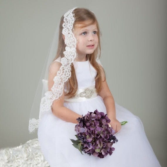 White Sunnypetal Elegant Lace First Holy Communion Veil for Girls – Flower Girl Church Veil