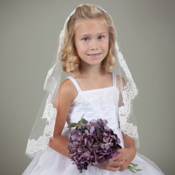 White Sunnypetal Elegant Lace First Holy Communion Veil for Girls – Flower Girl Church Veil