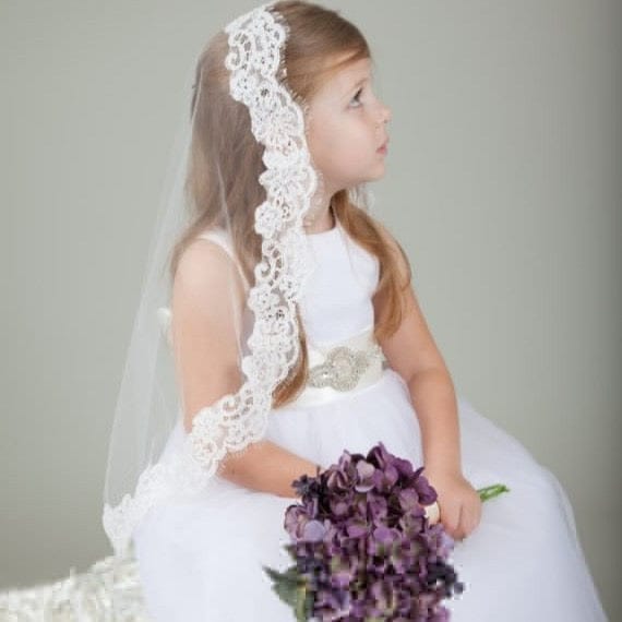 White Sunnypetal Elegant Lace First Holy Communion Veil for Girls – Flower Girl Church Veil