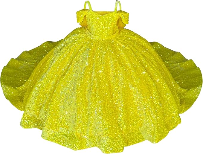 Yellow / 18m Sparkly Off-Shoulder Sequin Flower Girl Pageant Dress Princess Ball Gown with Bow