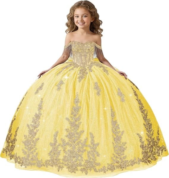 Yellow / 18m Sunnypetal Black Off-Shoulder Floral Embroidery Flower Girl Ball Gown