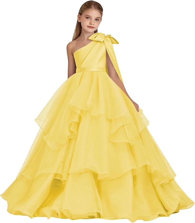 Yellow / 18m Sunnypetal Elegant One-Shoulder Satin Tulle Flower Girl Pageant Dress for Special Occasions