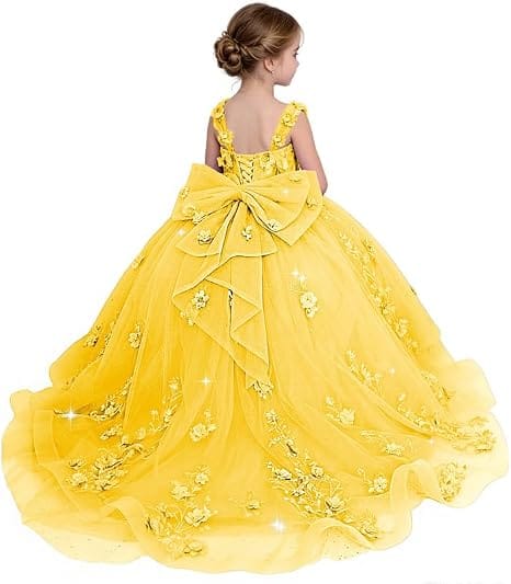 Yellow / 18m Sunnypetal Exquisite Off-Shoulder 3D Floral Glitter Tulle Ball Gown Flower Girl Dress with Bow
