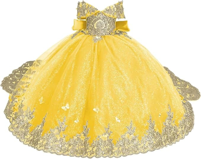 Yellow / 18m Sunnypetal Luxury Emerald Green Lace Appliqué Tulle Ball Gown Flower Girl Dress with Royal Train