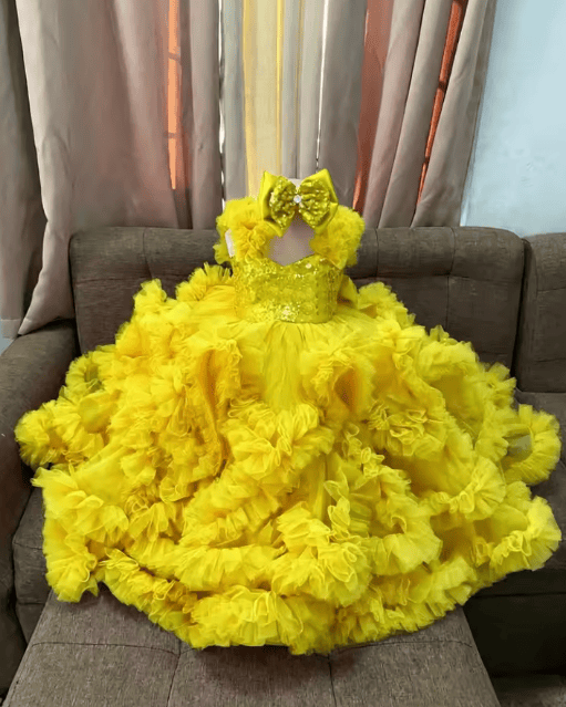 Yellow / 18m Sunnypetal Luxury Hot Pink Ruffle Tulle Flower Girl Ball Gown with Sequin Bow