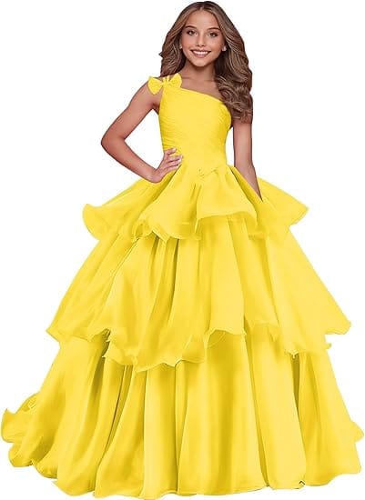 Yellow / 18m Sunnypetal Luxury One-Shoulder Puffy Organza Flower Girl Dress Princess Pageant Gown