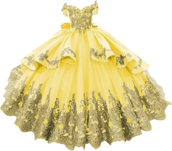 Yellow / 18m Sunnypetal Luxury Royal Blue Off-Shoulder Ball Gown Flower Girl Dress with Gold Embroidery