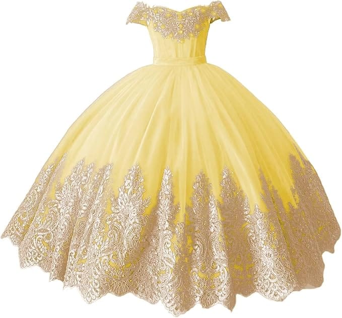 Yellow / 18m Sunnypetal Off-Shoulder Gold Lace Beaded Puffy Tulle Flower Girl Gown for Special Occasions