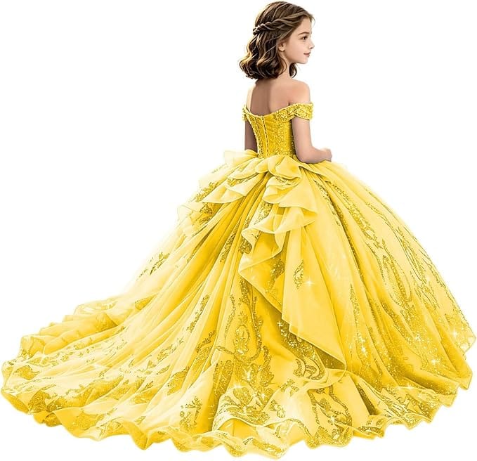 Yellow / 18m Sunnypetal Off-Shoulder Lace Applique Beaded Flower Girl Pageant Dress