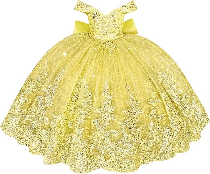 Yellow / 18m Sunnypetal Off Shoulder Sweetheart Lace Tulle Flower Girl Pageant Dress with Bow