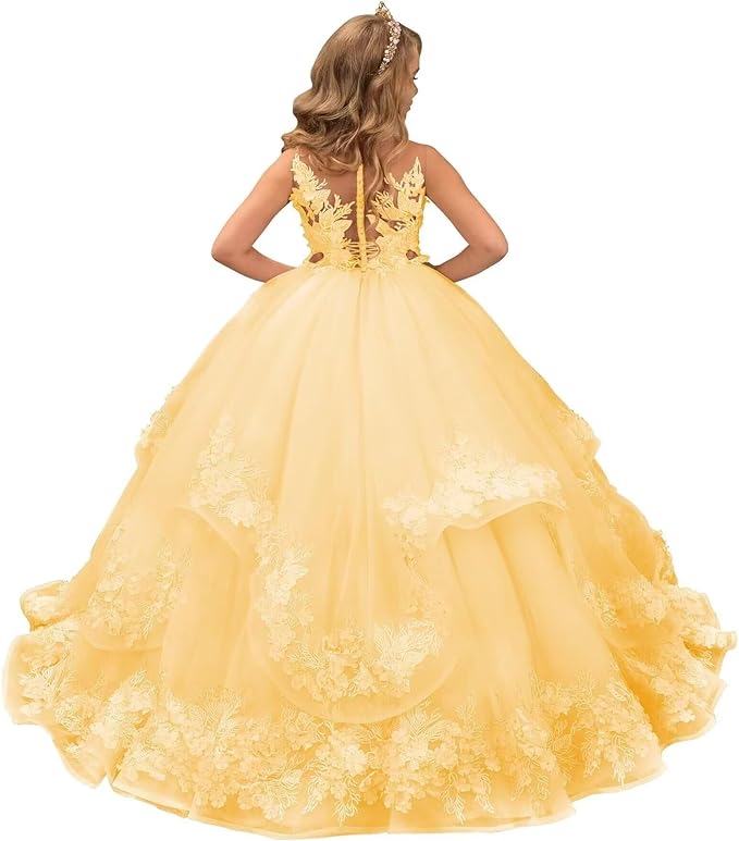Yellow / 18m Sunnypetal Pink Lace Appliques Floral Flower Girl Dresses Birthday Party Princess Dresss