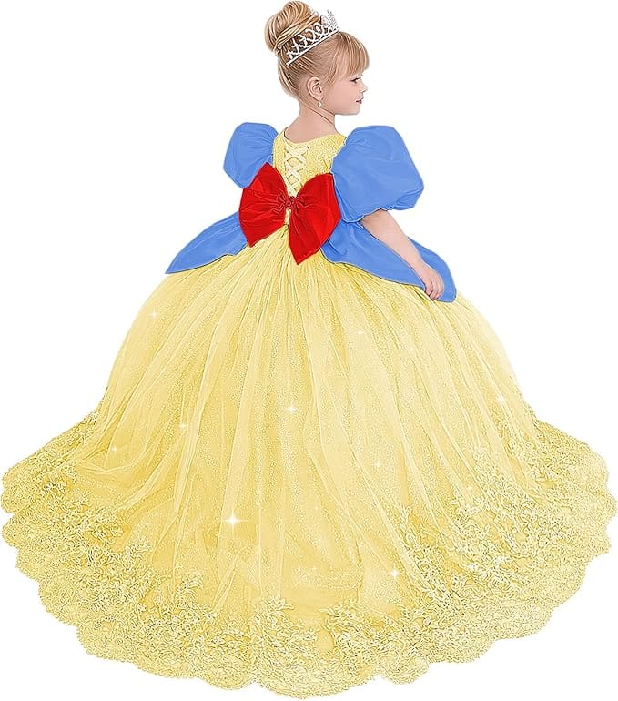Yellow / 18m Sunnypetal Princess Sky Blue Tulle Lace Flower Girl Dress with Bow and Puff Sleeves
