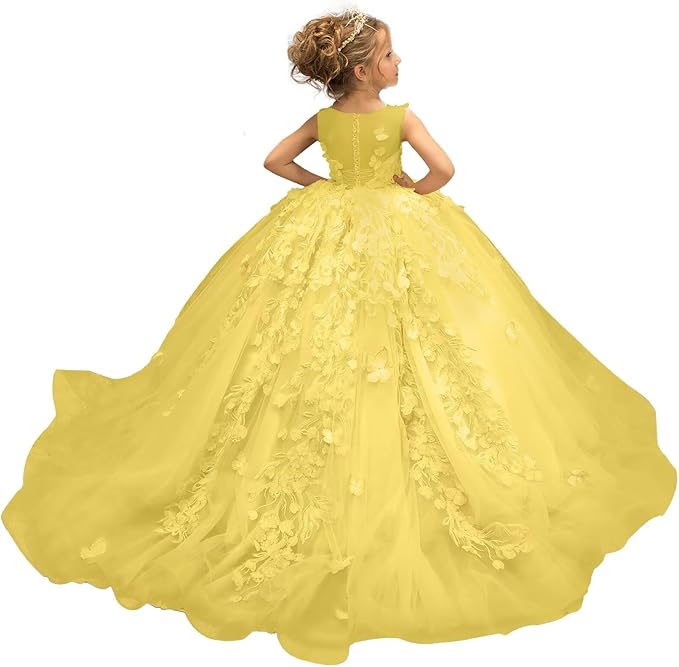 Yellow / 18m Sunnypetal Puffy Tulle Flower Girl Dress Appliques 3D Butterfly Pageant Party Princess Dresses