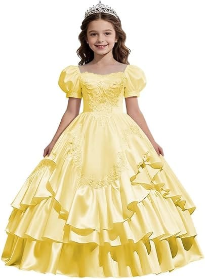 Yellow / 18m Sunnypetal Satin Sweetheart Neck Puffy Sleeve Lace Applique Princess Flower Girl Dress
